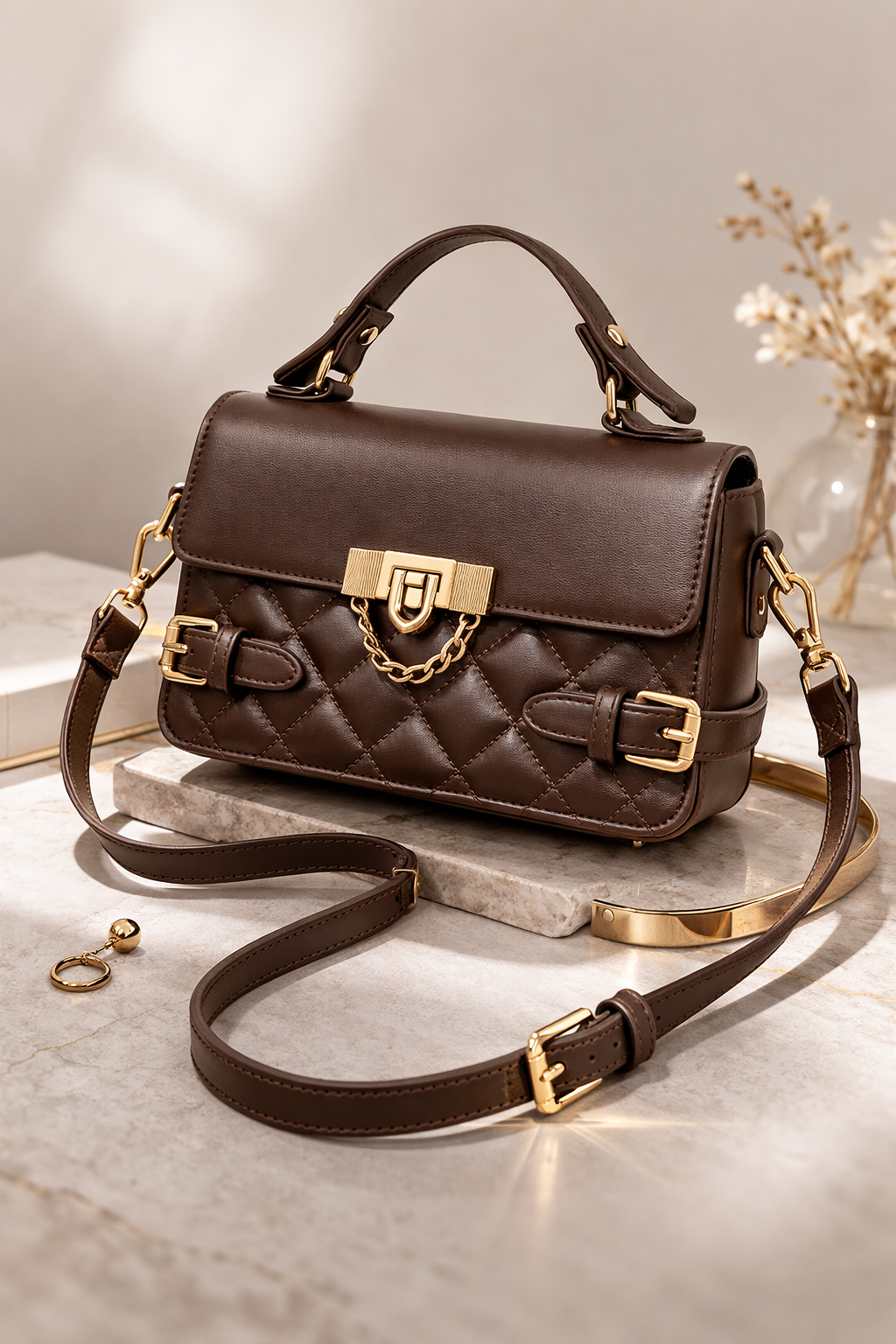 Belle Leather Strap Purse - Brown